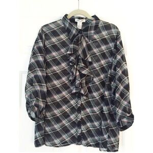 NWT ULTRA PINK Sz 2X Plaid Ruffle Front Button Down | Preppy Chic